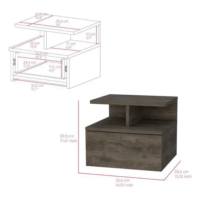 Alt view image 6 of 7 - Floating Nightstand Flopini, One Drawer, Dark Walnut Finish
