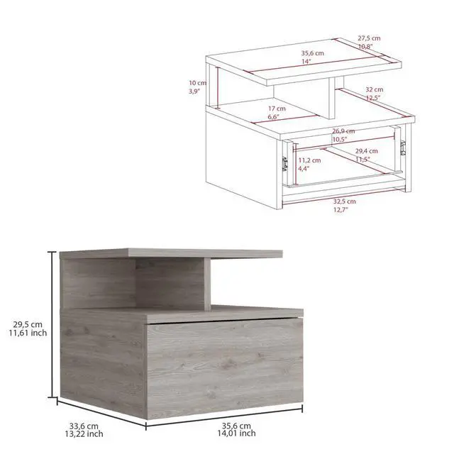 Alt view image 3 of 7 - Floating Nightstand Flopini, One Drawer, Light Gray Finish