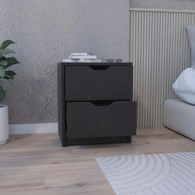 Alt view image 2 of 7 - Double Drawer Nightstand 19"H, Bedside Table, Black