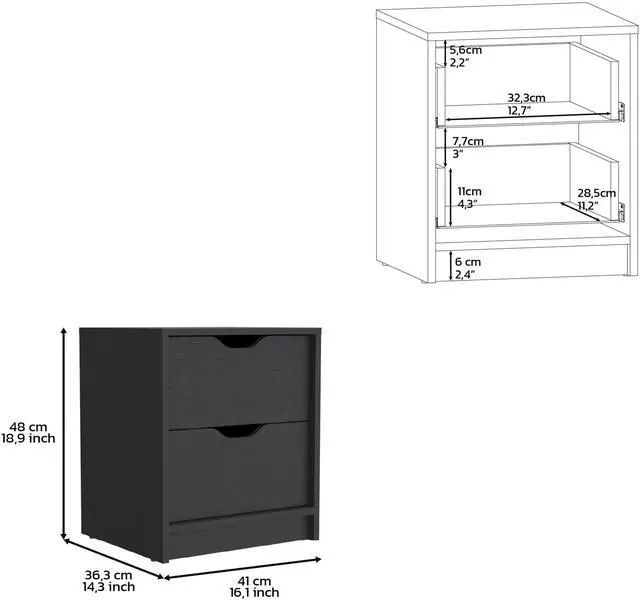 Alt view image 7 of 7 - Double Drawer Nightstand 19"H, Bedside Table, Black