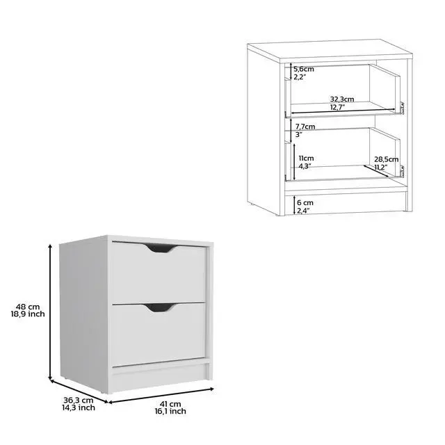 Alt view image 5 of 7 - Double Drawer Nightstand 19"H, Bedside Table, White