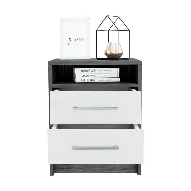Alt view image 3 of 6 - Nightstand 20"H, Two Drawers, Superior Top, Metal Handles, Smokey Oak / White