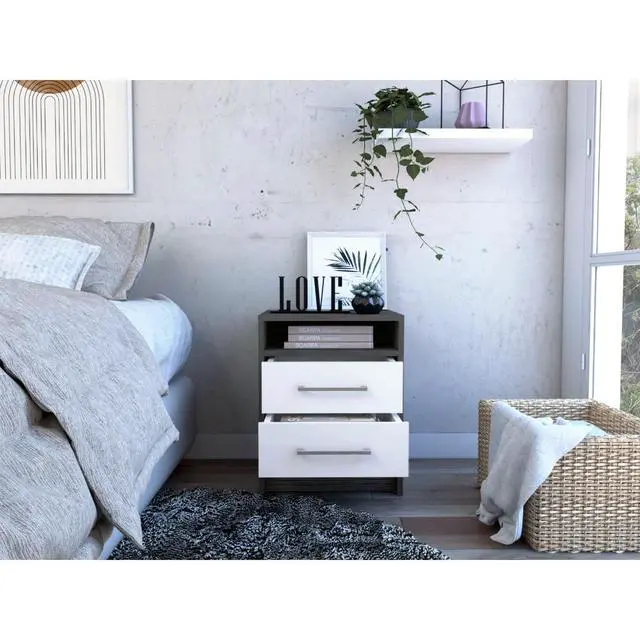 Alt view image 2 of 6 - Nightstand 20"H, Two Drawers, Superior Top, Metal Handles, Smokey Oak / White