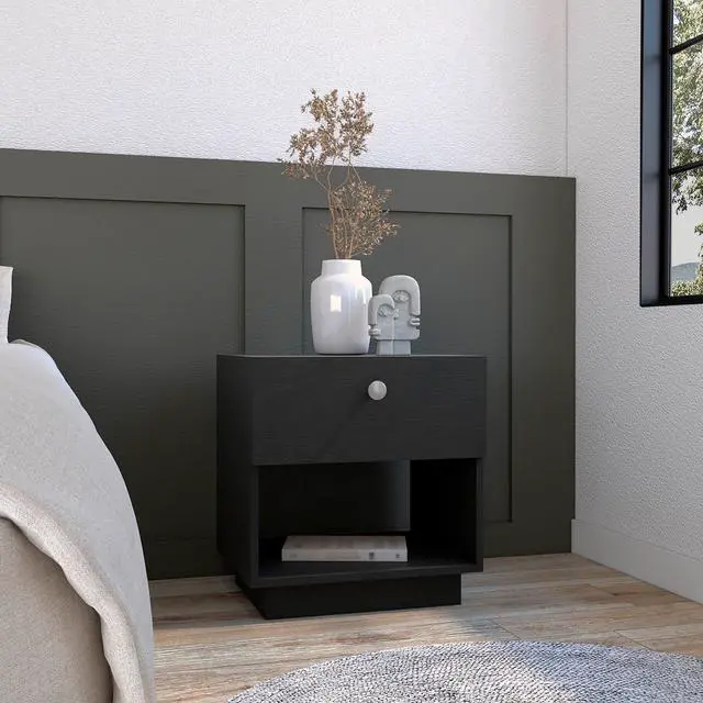 Main image of Single Drawer Nightstand 19"H With Open Storage Shelf, Black