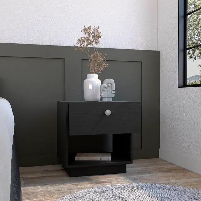 Alt view image 2 of 5 - Single Drawer Nightstand 19"H With Open Storage Shelf, Black