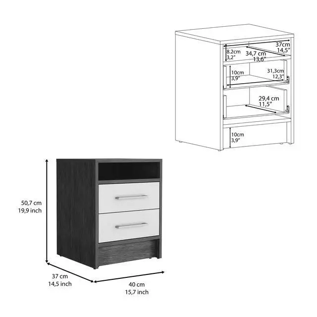 Alt view image 6 of 6 - Nightstand 20"H, Two Drawers, Superior Top, Metal Handles, Smokey Oak / White