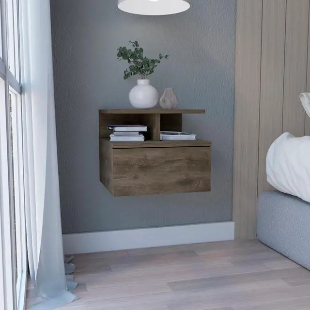 Main image of Floating Nightstand 12"H, Wall Mounted With Single Drawer And 2-Tier Shelf, Dark Walnut
