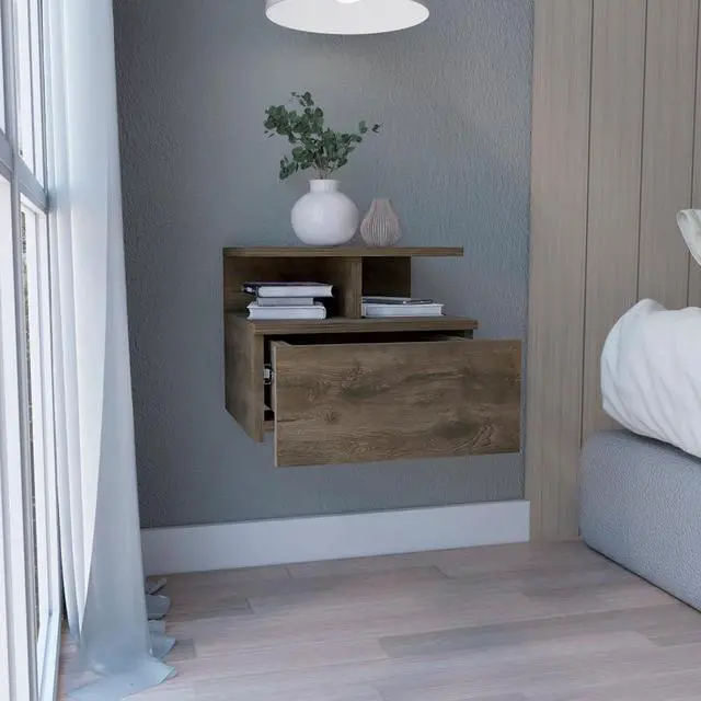 Alt view image 2 of 7 - Floating Nightstand 12"H, Wall Mounted With Single Drawer And 2-Tier Shelf, Dark Walnut