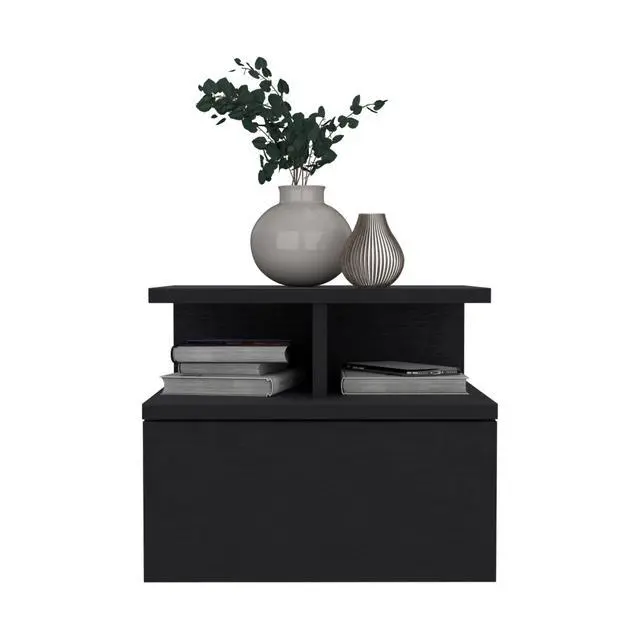 Alt view image 5 of 7 - Floating Nightstand 12"H, Wall Mounted With Single Drawer And 2-Tier Shelf, Black