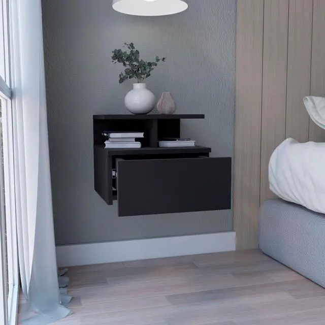 Alt view image 2 of 7 - Floating Nightstand 12"H, Wall Mounted With Single Drawer And 2-Tier Shelf, Black