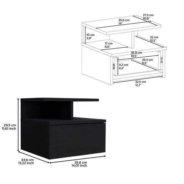 Alt view image 7 of 7 - Floating Nightstand 12"H, Wall Mounted With Single Drawer And 2-Tier Shelf, Black