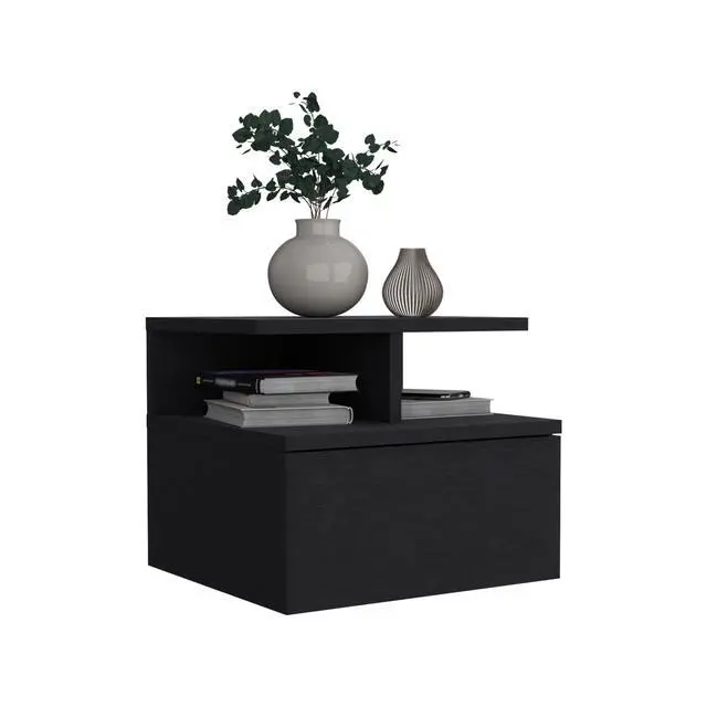 Alt view image 6 of 7 - Floating Nightstand 12"H, Wall Mounted With Single Drawer And 2-Tier Shelf, Black