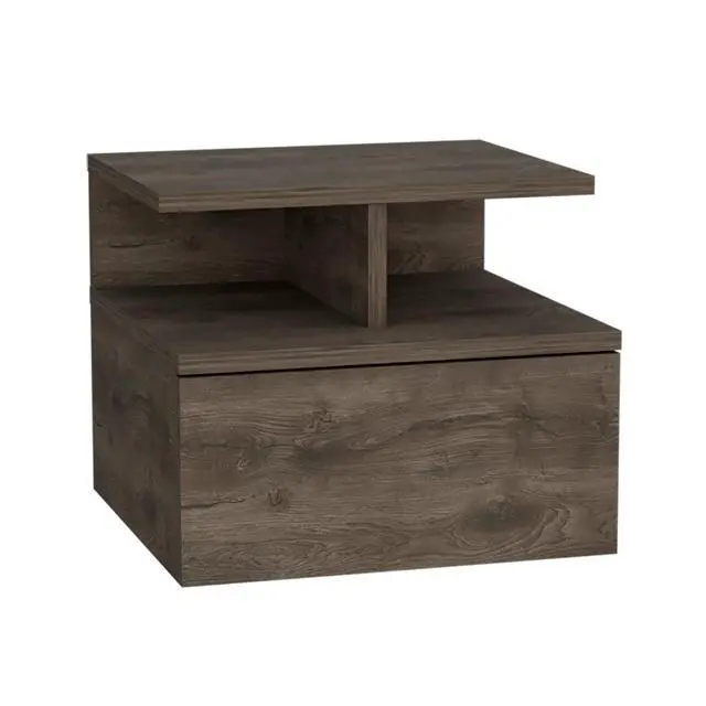 Alt view image 3 of 7 - Floating Nightstand 12"H, Wall Mounted With Single Drawer And 2-Tier Shelf, Dark Walnut