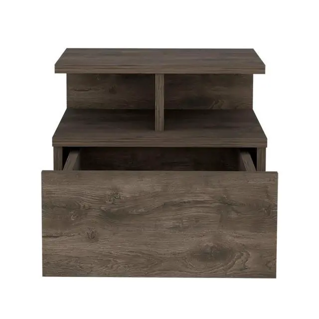 Alt view image 4 of 7 - Floating Nightstand 12"H, Wall Mounted With Single Drawer And 2-Tier Shelf, Dark Walnut