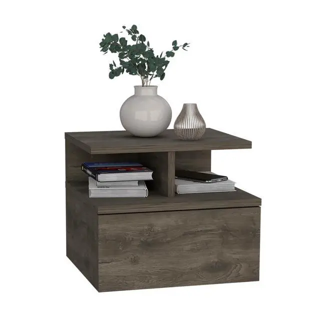 Alt view image 6 of 7 - Floating Nightstand 12"H, Wall Mounted With Single Drawer And 2-Tier Shelf, Dark Walnut