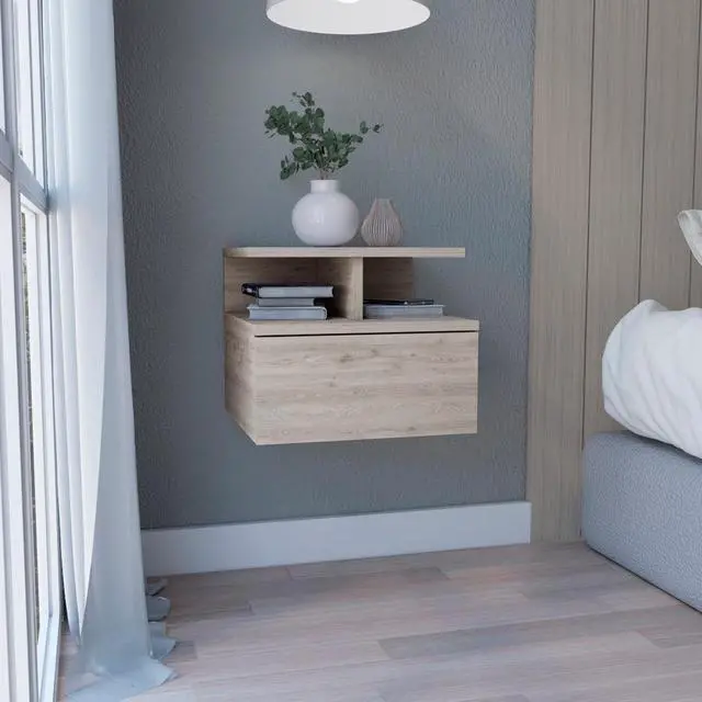 Main image of Floating Nightstand 12"H, Wall Mounted With Single Drawer And 2-Tier Shelf, Light Gray