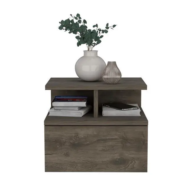 Alt view image 5 of 7 - Floating Nightstand 12"H, Wall Mounted With Single Drawer And 2-Tier Shelf, Dark Walnut