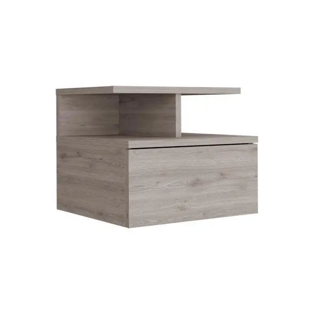 Alt view image 3 of 7 - Floating Nightstand 12"H, Wall Mounted With Single Drawer And 2-Tier Shelf, Light Gray