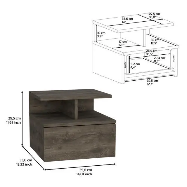 Alt view image 7 of 7 - Floating Nightstand 12"H, Wall Mounted With Single Drawer And 2-Tier Shelf, Dark Walnut