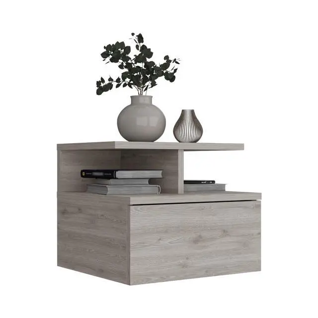 Alt view image 5 of 7 - Floating Nightstand 12"H, Wall Mounted With Single Drawer And 2-Tier Shelf, Light Gray