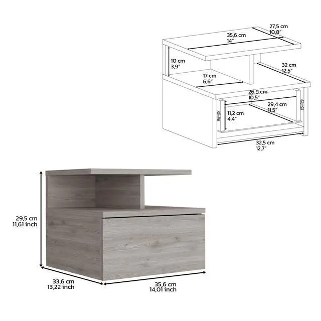 Alt view image 7 of 7 - Floating Nightstand 12"H, Wall Mounted With Single Drawer And 2-Tier Shelf, Light Gray