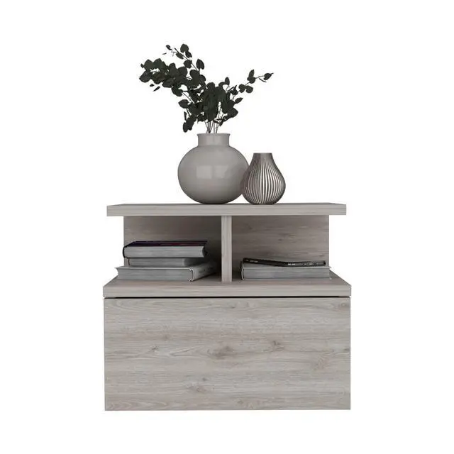 Alt view image 6 of 7 - Floating Nightstand 12"H, Wall Mounted With Single Drawer And 2-Tier Shelf, Light Gray