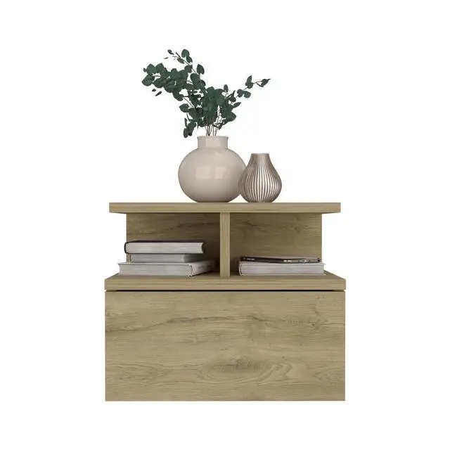 Alt view image 5 of 7 - Floating Nightstand 12"H, Wall Mounted With Single Drawer And 2-Tier Shelf, Macadamia