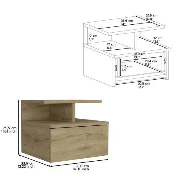 Alt view image 7 of 7 - Floating Nightstand 12"H, Wall Mounted With Single Drawer And 2-Tier Shelf, Macadamia