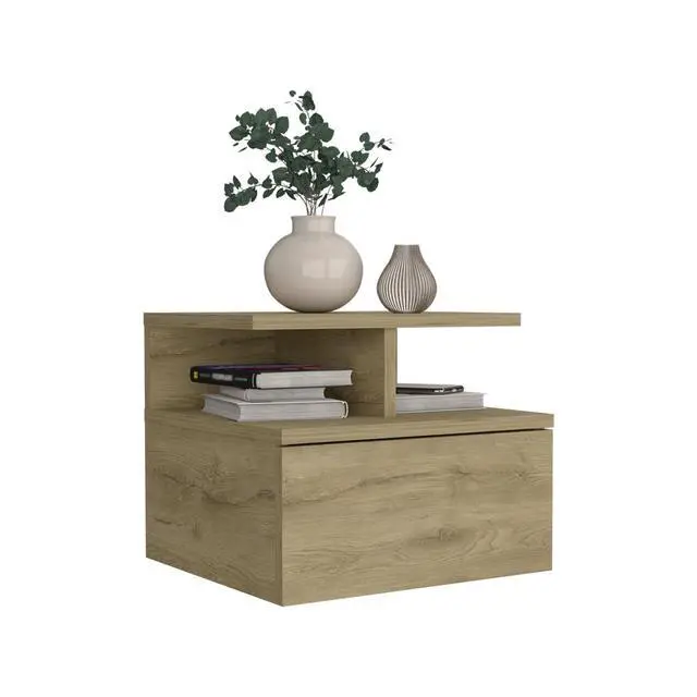 Alt view image 6 of 7 - Floating Nightstand 12"H, Wall Mounted With Single Drawer And 2-Tier Shelf, Macadamia
