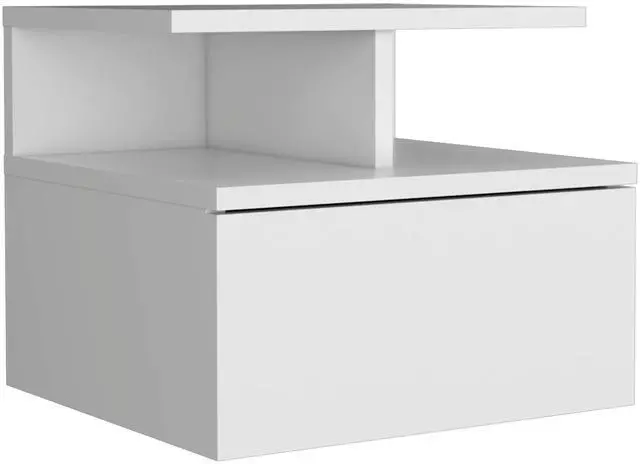 Main image of Floating Nightstand 12"H, Wall Mounted With Single Drawer And 2-Tier Shelf, White