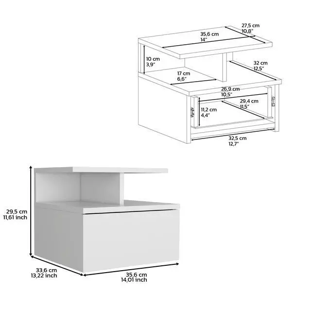Alt view image 3 of 7 - Floating Nightstand 12"H, Wall Mounted With Single Drawer And 2-Tier Shelf, White