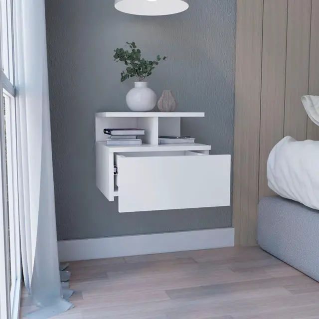 Alt view image 2 of 7 - Floating Nightstand 12"H, Wall Mounted With Single Drawer And 2-Tier Shelf, White