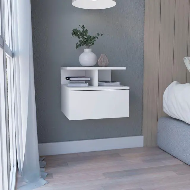 Alt view image 4 of 7 - Floating Nightstand 12"H, Wall Mounted With Single Drawer And 2-Tier Shelf, White