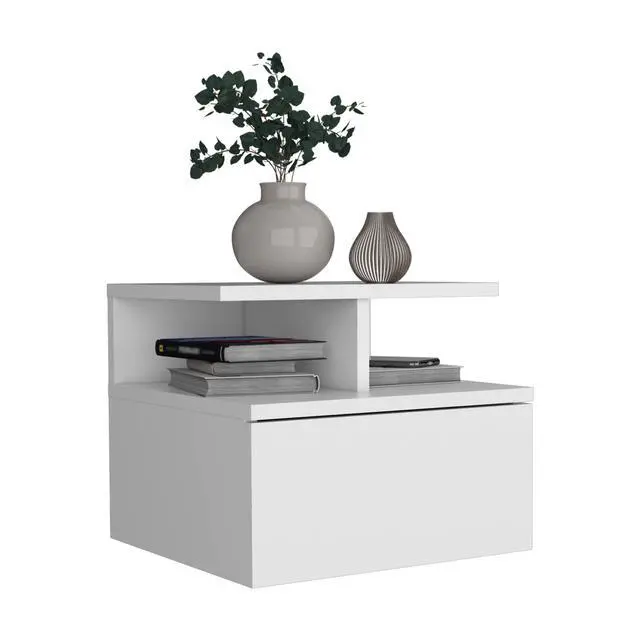 Alt view image 7 of 7 - Floating Nightstand 12"H, Wall Mounted With Single Drawer And 2-Tier Shelf, White