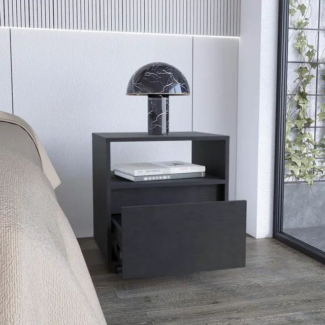 Alt view image 3 of 7 - Nightstand 20"H, With One Open Shelf, 1 Drawer And Casters, Black