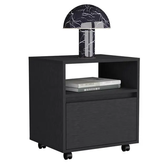 Alt view image 5 of 7 - Nightstand 20"H, With One Open Shelf, 1 Drawer And Casters, Black
