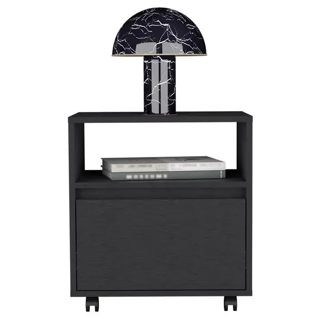 Alt view image 6 of 7 - Nightstand 20"H, With One Open Shelf, 1 Drawer And Casters, Black