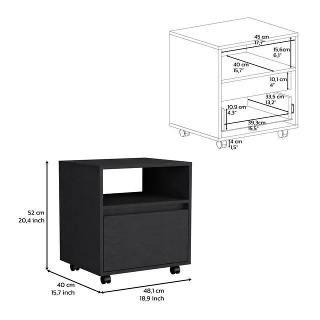 Alt view image 7 of 7 - Nightstand 20"H, With One Open Shelf, 1 Drawer And Casters, Black