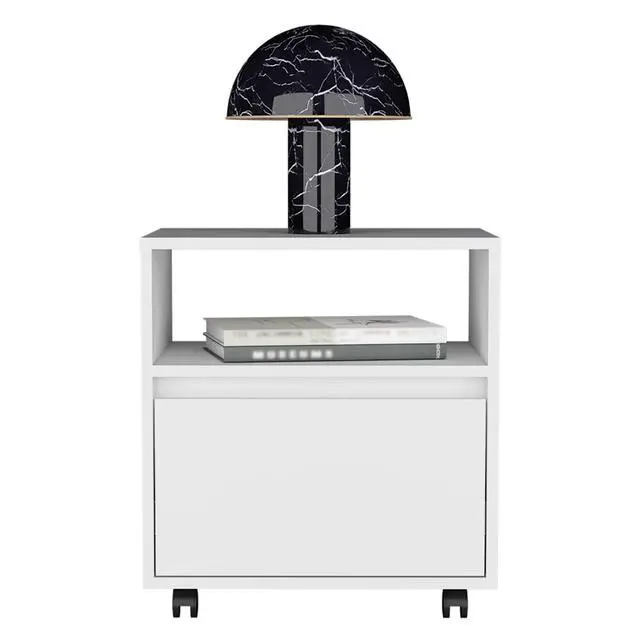 Alt view image 6 of 7 - Nightstand 20"H, With One Open Shelf, 1 Drawer And Casters, White