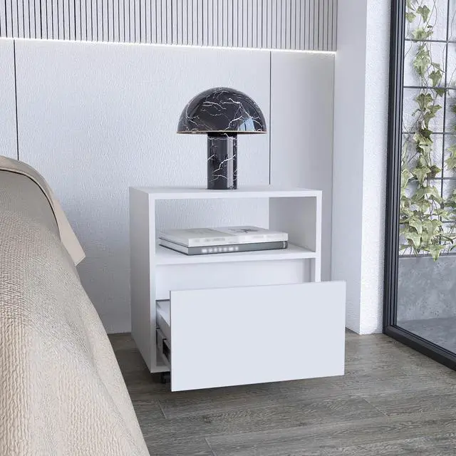 Alt view image 2 of 7 - Nightstand 20"H, With One Open Shelf, 1 Drawer And Casters, White