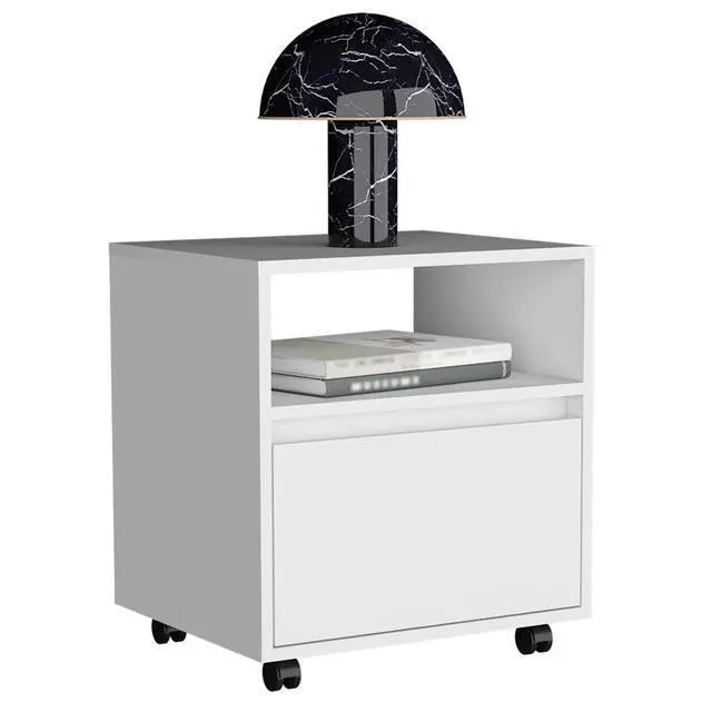 Alt view image 5 of 7 - Nightstand 20"H, With One Open Shelf, 1 Drawer And Casters, White
