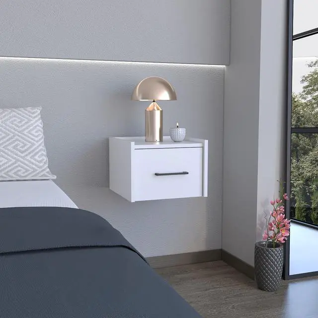 Alt view image 2 of 7 - Floating Nightstand, Space-Saving Design With Handy Drawer And Surface, White