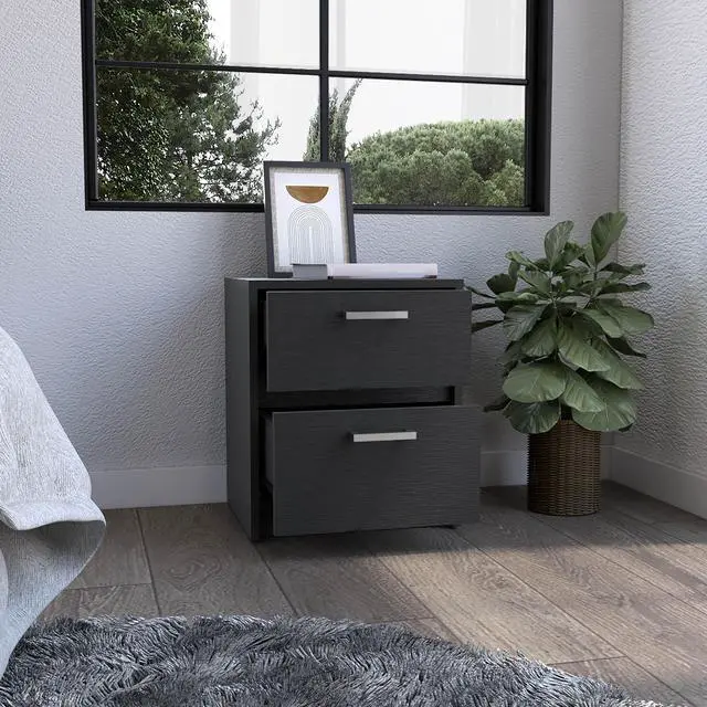 Alt view image 2 of 5 - Nightstand 18"H , 2 Drawers With Metal Handles, Black