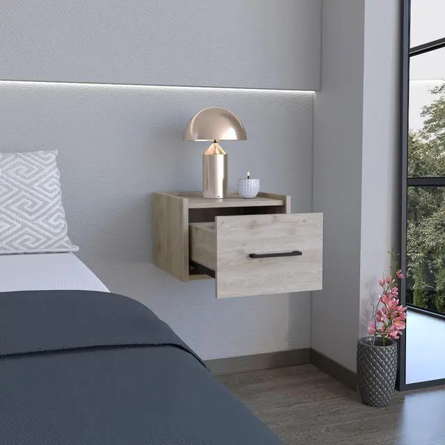 Alt view image 2 of 7 - Floating Nightstand, Space-Saving Design With Handy Drawer And Surface, Light Gray