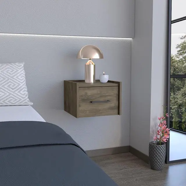 Main image of Floating Nightstand, Space-Saving Design With Handy Drawer And Surface, Dark Brown