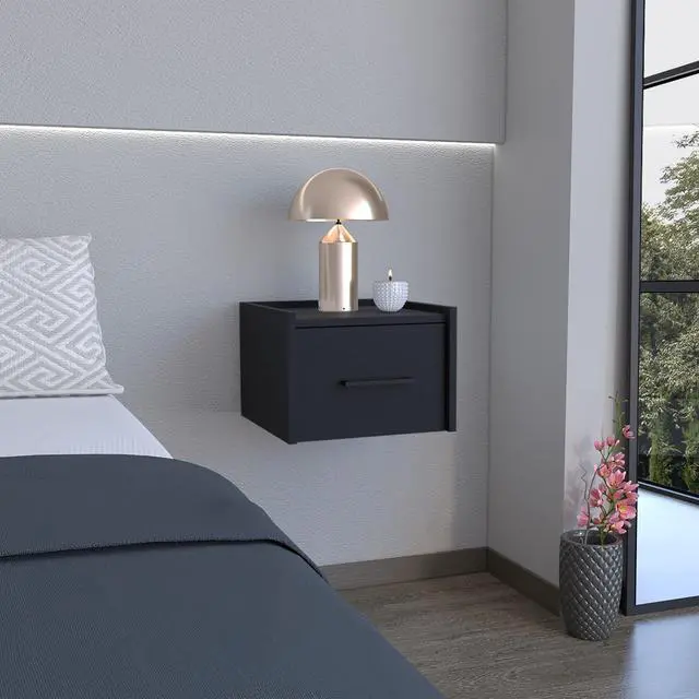 Alt view image 2 of 7 - Floating Nightstand, Space-Saving Design With Handy Drawer And Surface, Black