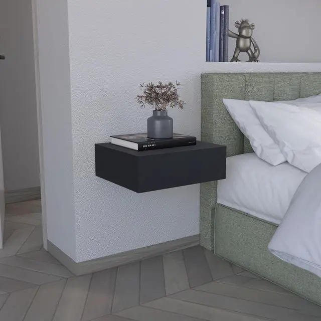 Main image of Floating Nightstand 5"H, Modern Wall-Mounted Bedside Shelf With Drawer, Black