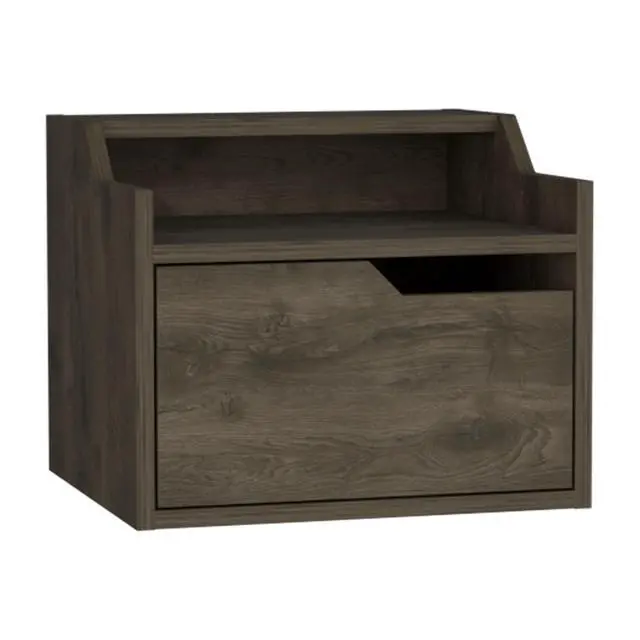 Alt view image 3 of 6 - Winchester Floating Nightstand, Modern Dual-Tier Design With Spacious Single Drawer Storage, Dark Brown