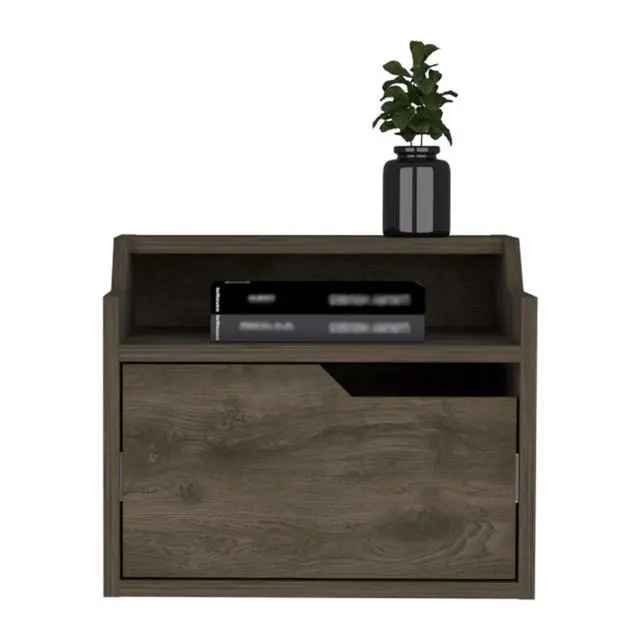Alt view image 4 of 6 - Winchester Floating Nightstand, Modern Dual-Tier Design With Spacious Single Drawer Storage, Dark Brown
