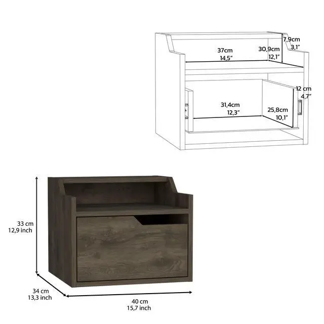 Alt view image 6 of 6 - Winchester Floating Nightstand, Modern Dual-Tier Design With Spacious Single Drawer Storage, Dark Brown